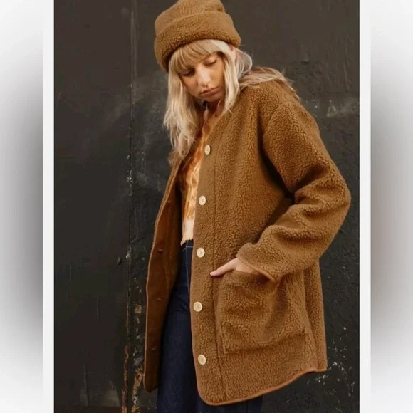 Lykke Wuulf Sherpa Teddy Ranch Jacket Driftwood Oversized Brown Jacket | Sz M/L - Picture 1 of 6